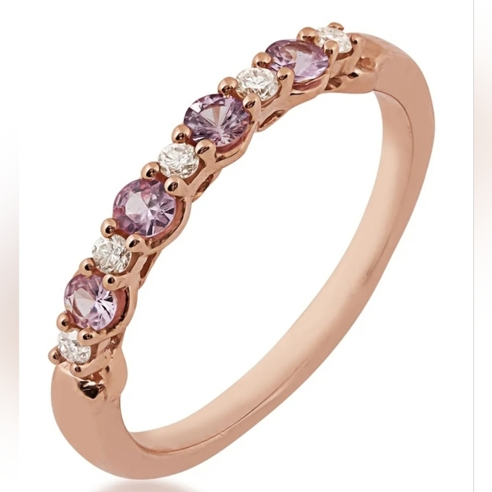 Kallati Round-Cut Natural Pink Sapphire Ring 1/10 ct tw Diamonds 14K Rose Gold 7